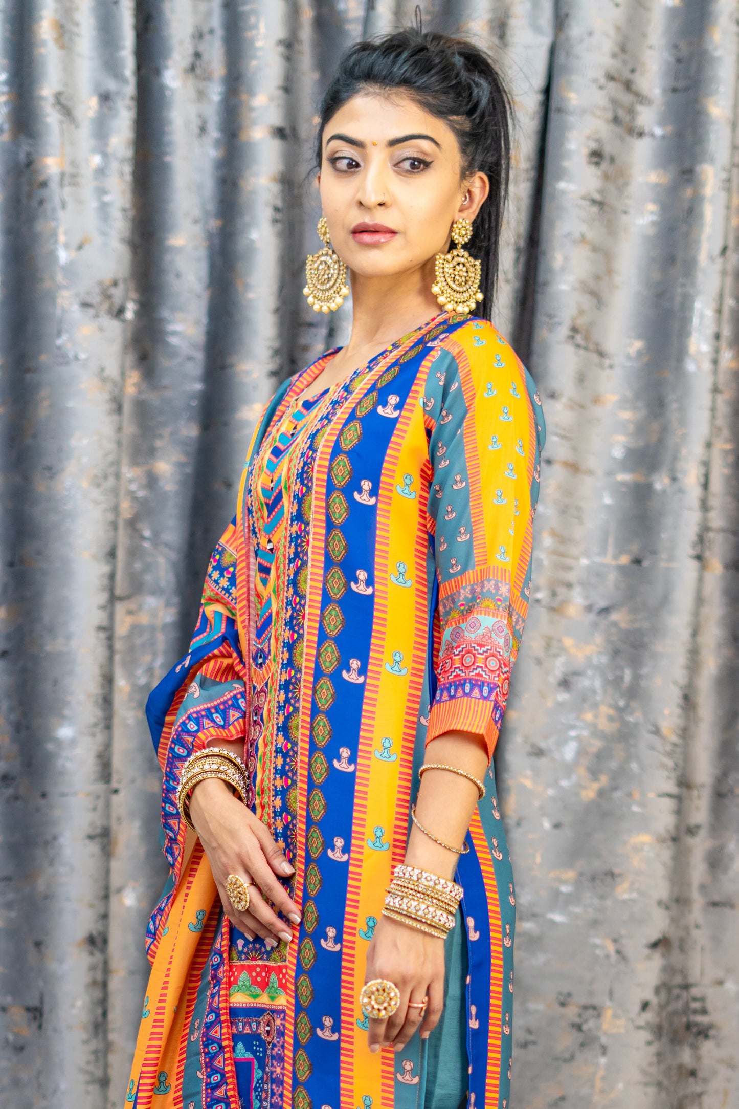 Colourful Printed Chinon Silk Punjabi Set