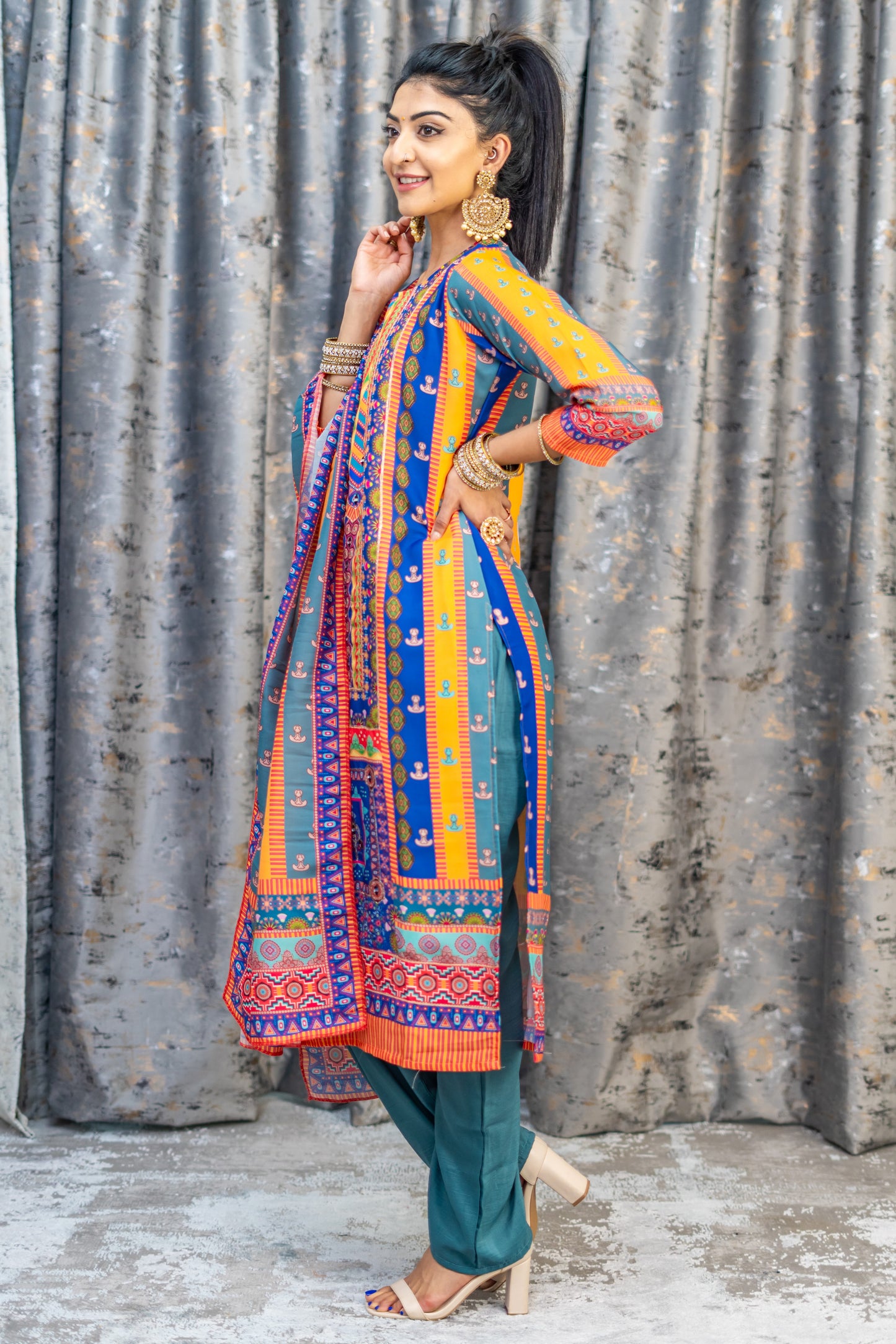 Colourful Printed Chinon Silk Punjabi Set