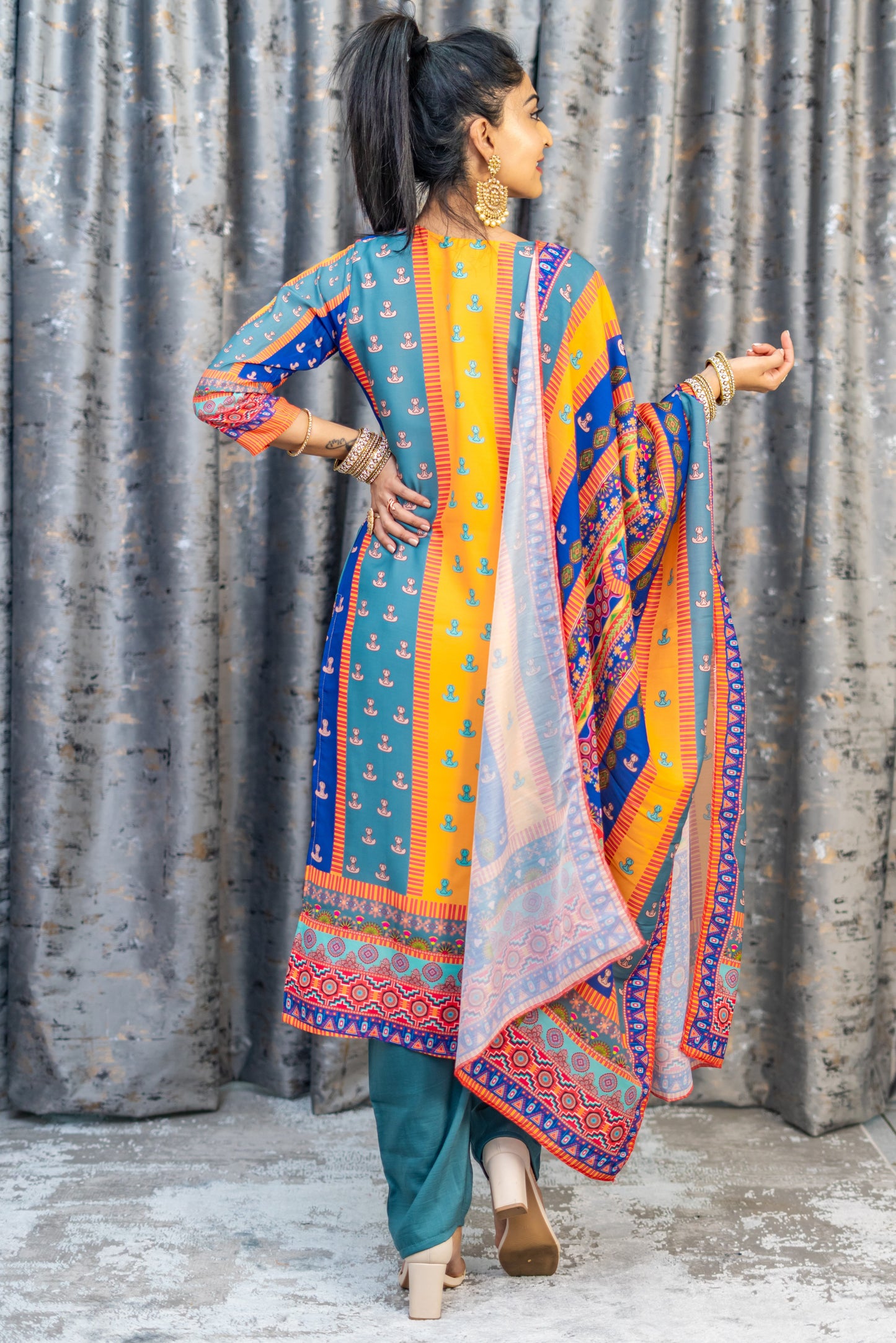 Colourful Printed Chinon Silk Punjabi Set