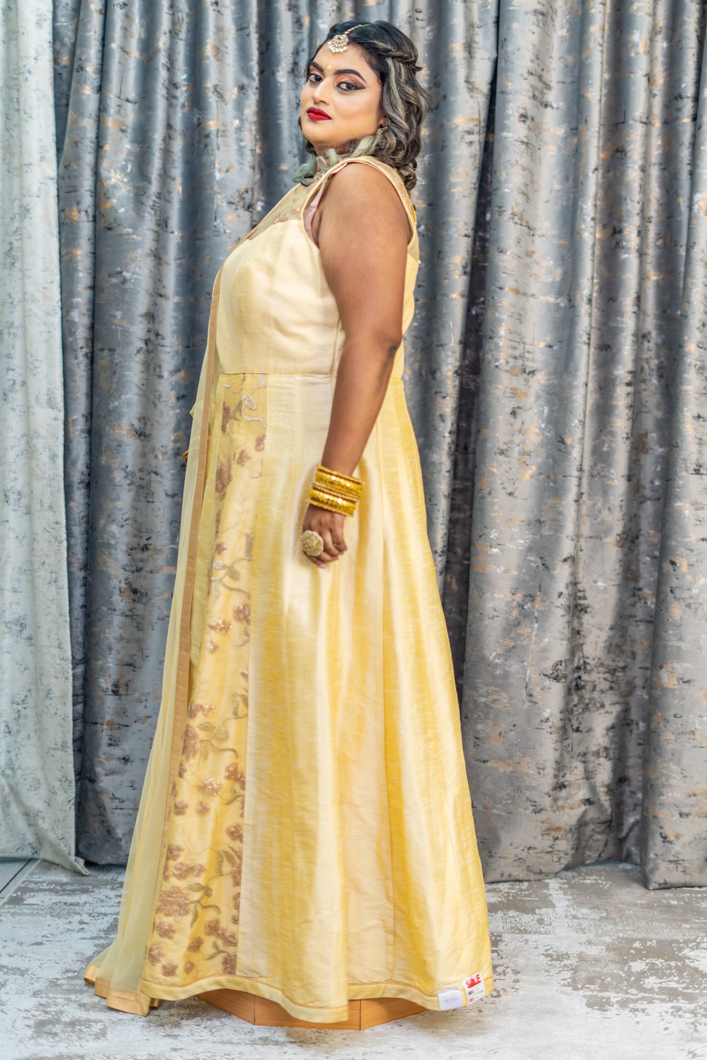 Cream/Golden Raw Silk Punjabi Set With Net Embroidery Panel