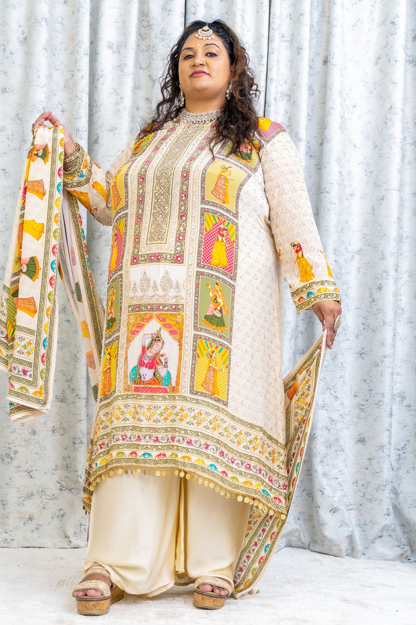 Cream Chinon Silk Punjabi Set