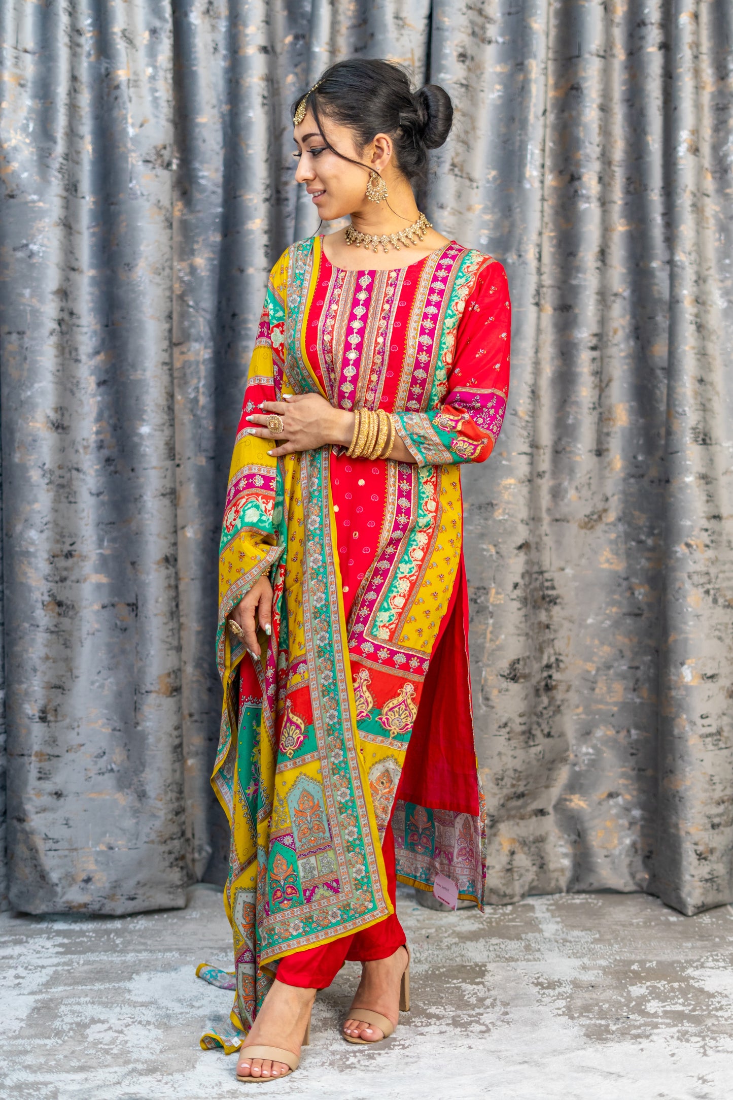 Colourful Printed Chinon Silk Punjabi Set