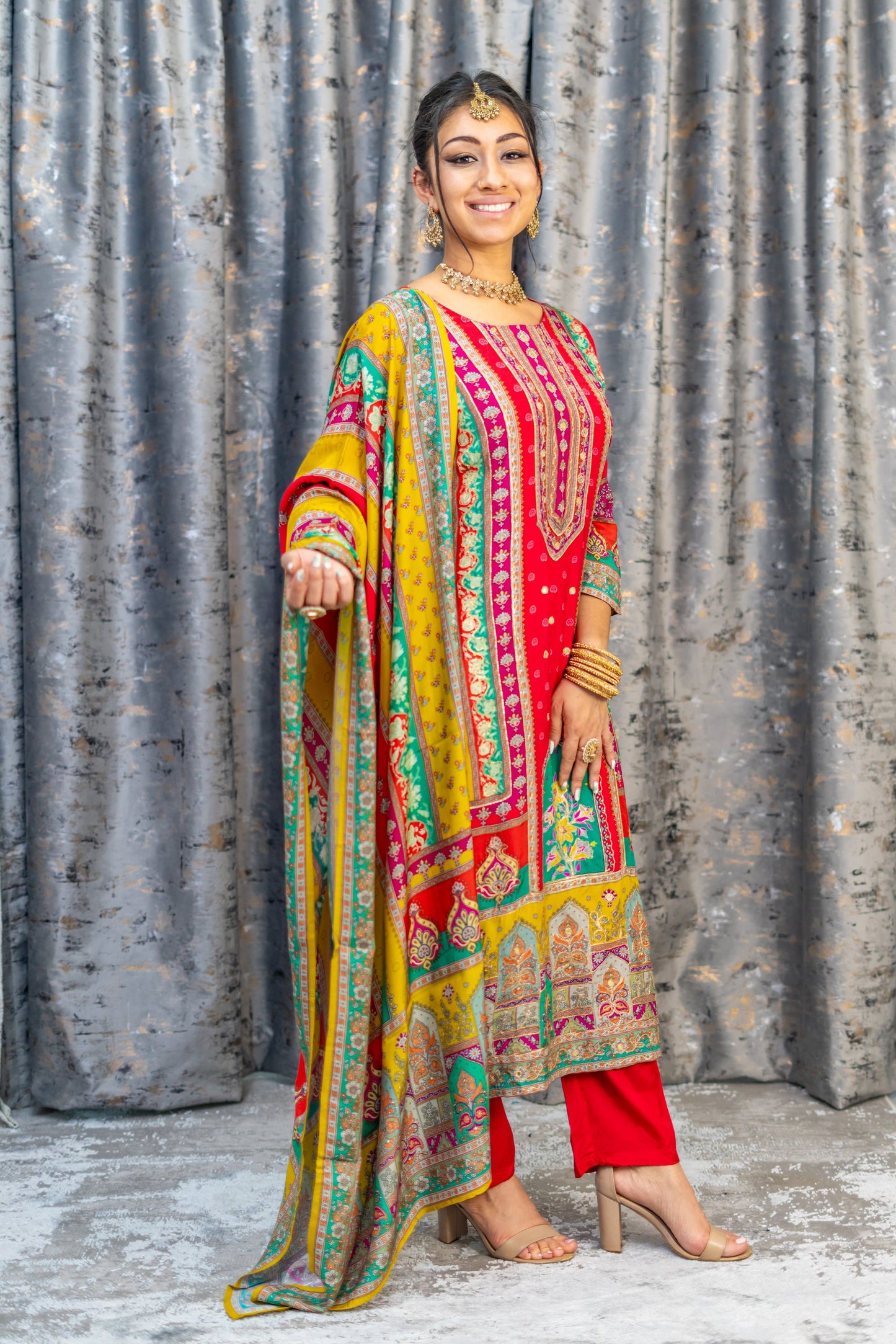 Colourful Printed Chinon Silk Punjabi Set