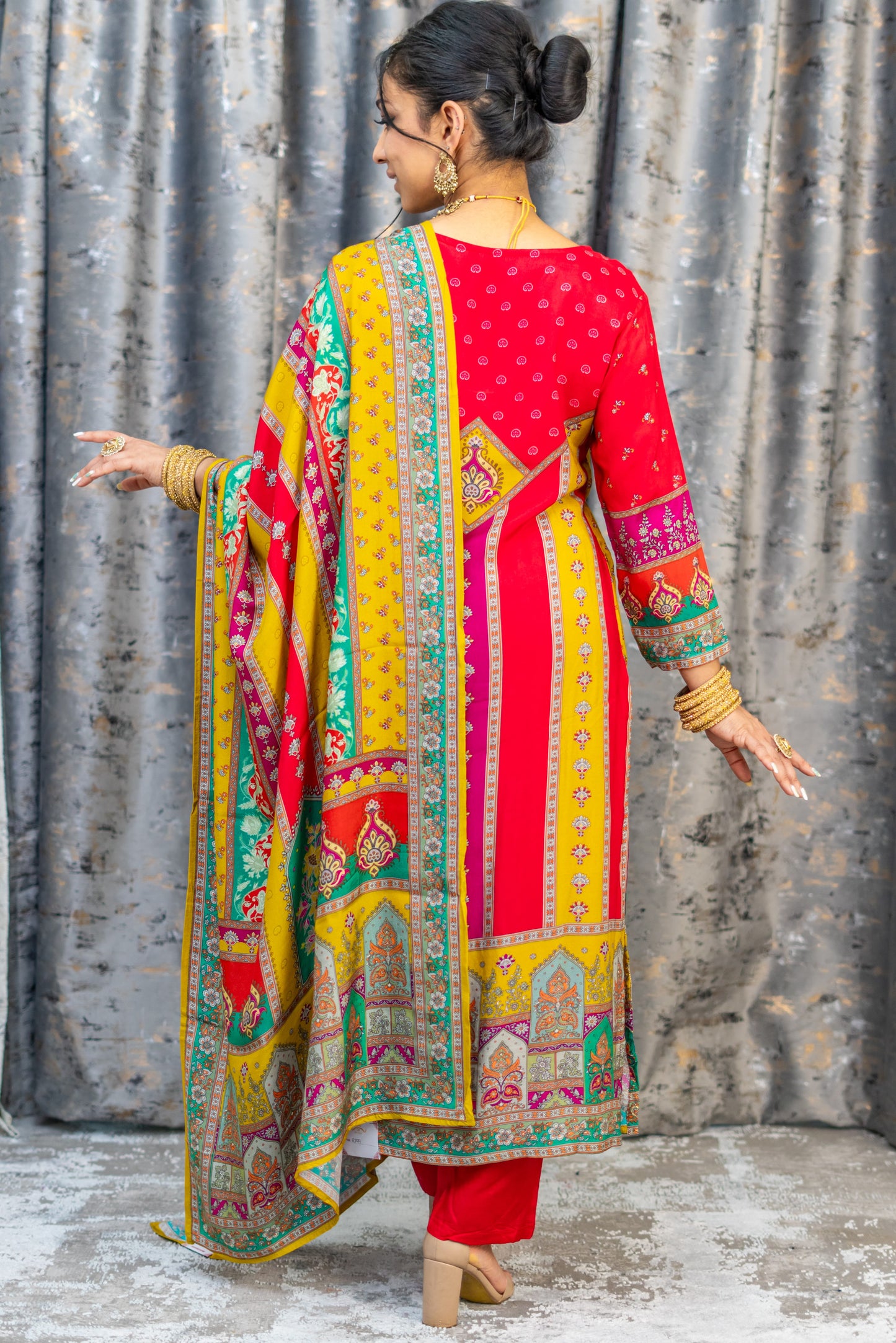 Colourful Printed Chinon Silk Punjabi Set