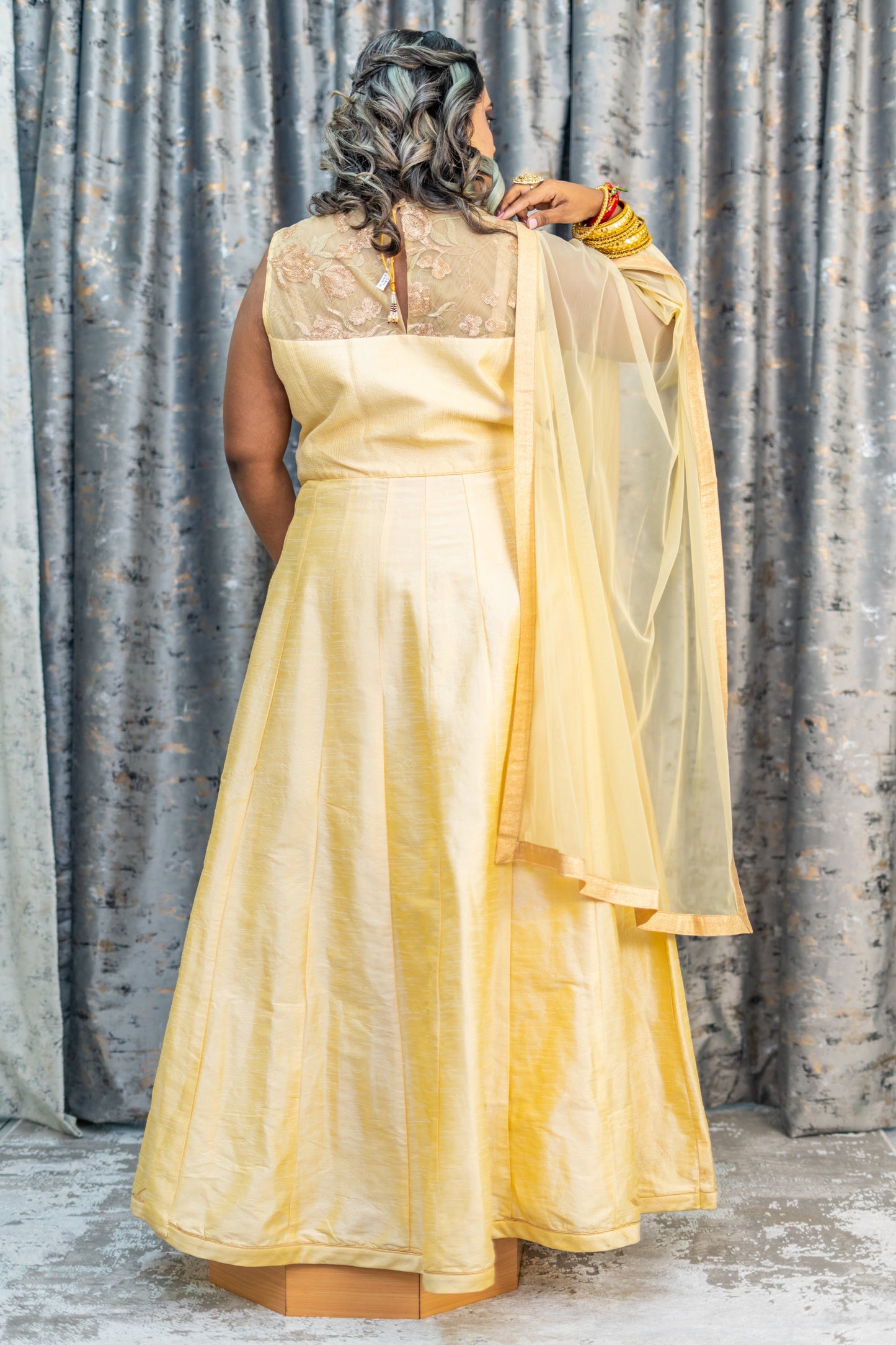 Cream/Golden Raw Silk Punjabi Set With Net Embroidery Panel