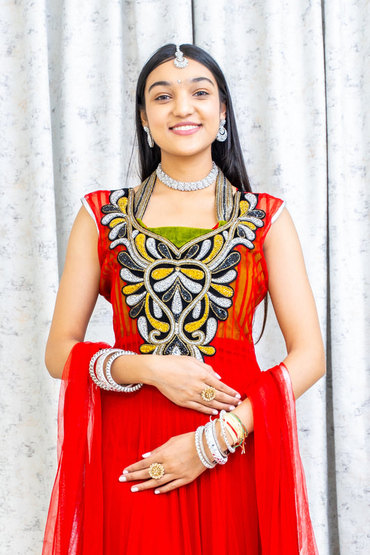 Red Net Punjabi Set With Swarovski Stone Work