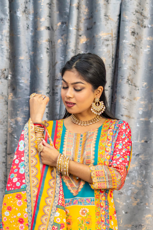 Colourful Printed Chinon Silk Punjabi Set