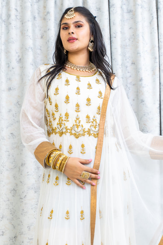 White Net Punjabi Set with Swarovski Stone Work