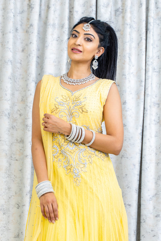Yellow Net Punjabi Set with Swarovski Stone Work