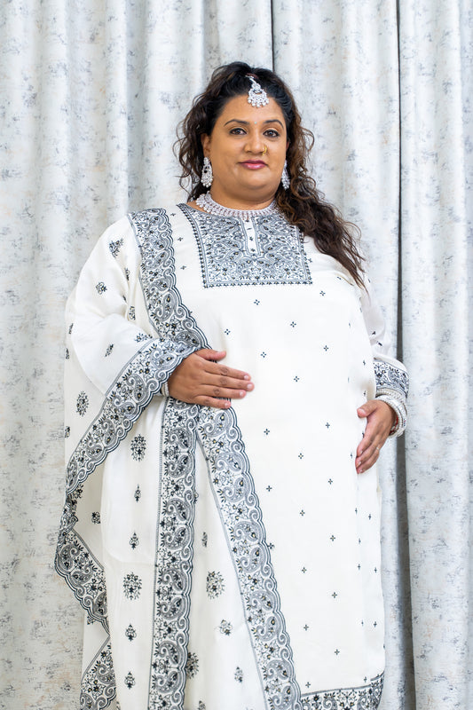 White Cotton Punjabi Set with Black Embroidery
