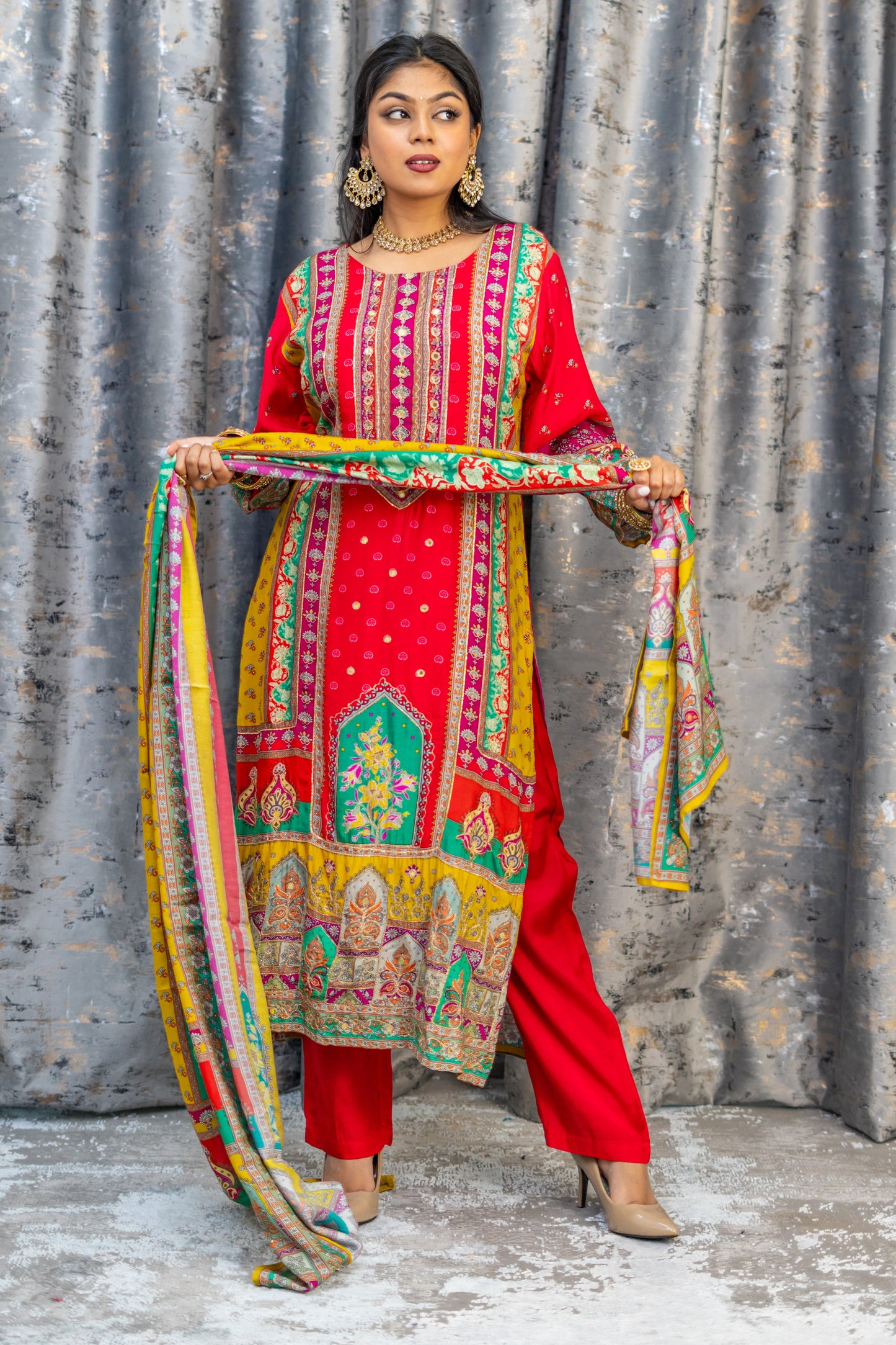 Red Colourful Chinon Silk Printed Punjabi Set
