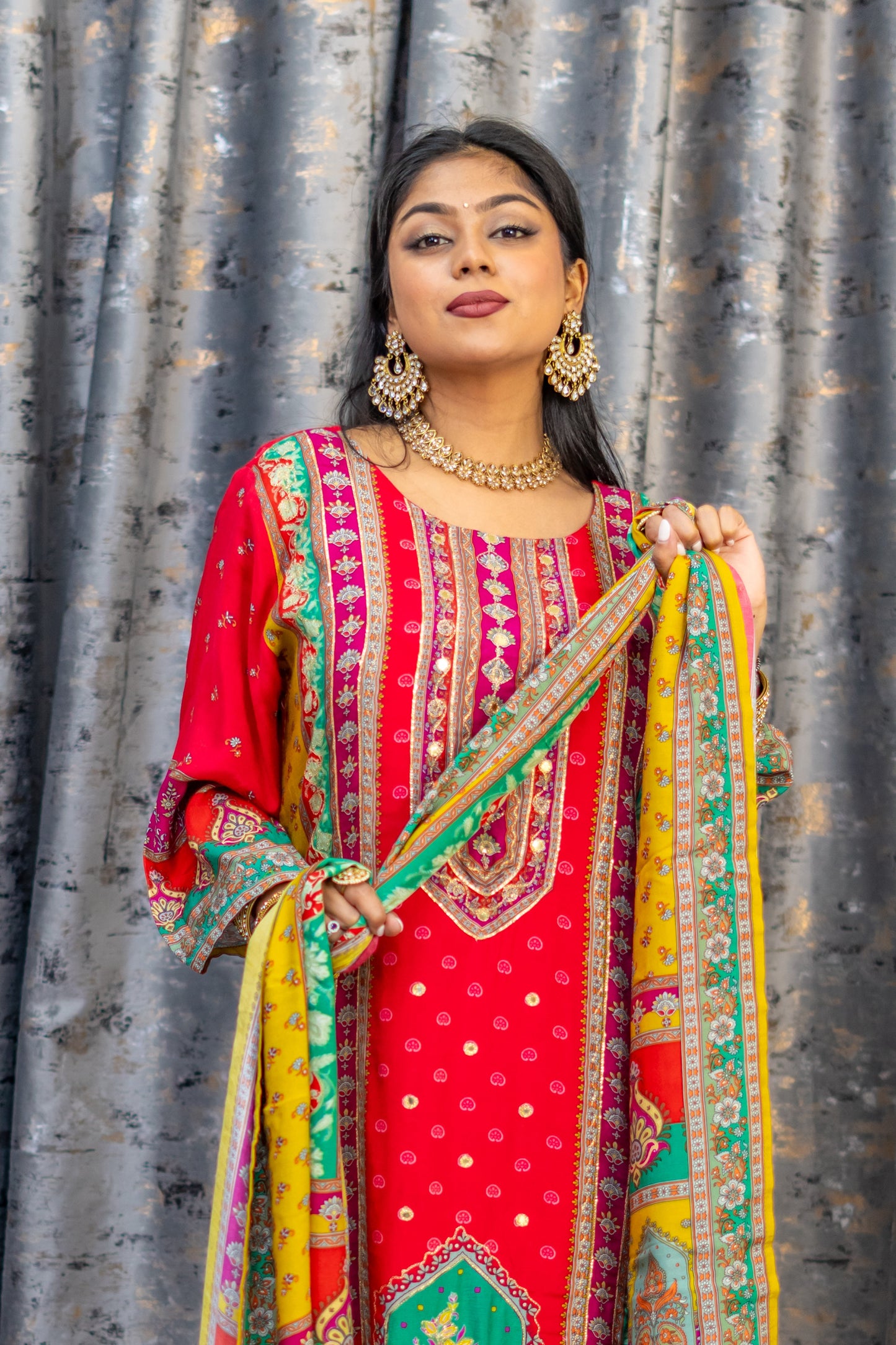 Red Colourful Chinon Silk Printed Punjabi Set
