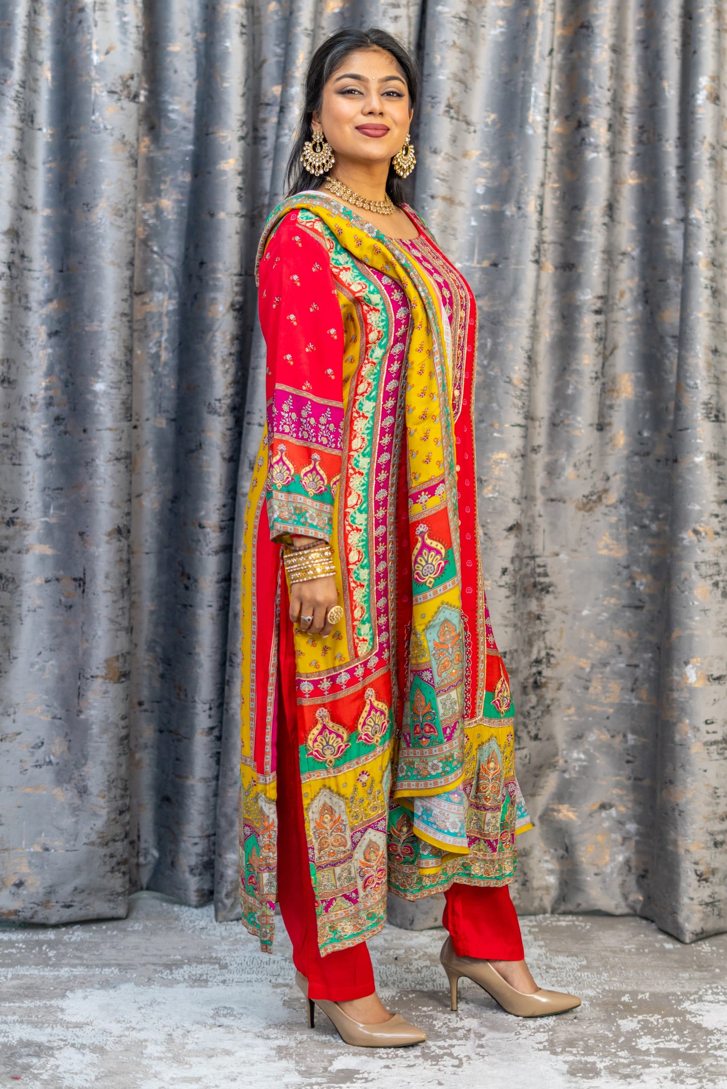 Red Colourful Chinon Silk Printed Punjabi Set