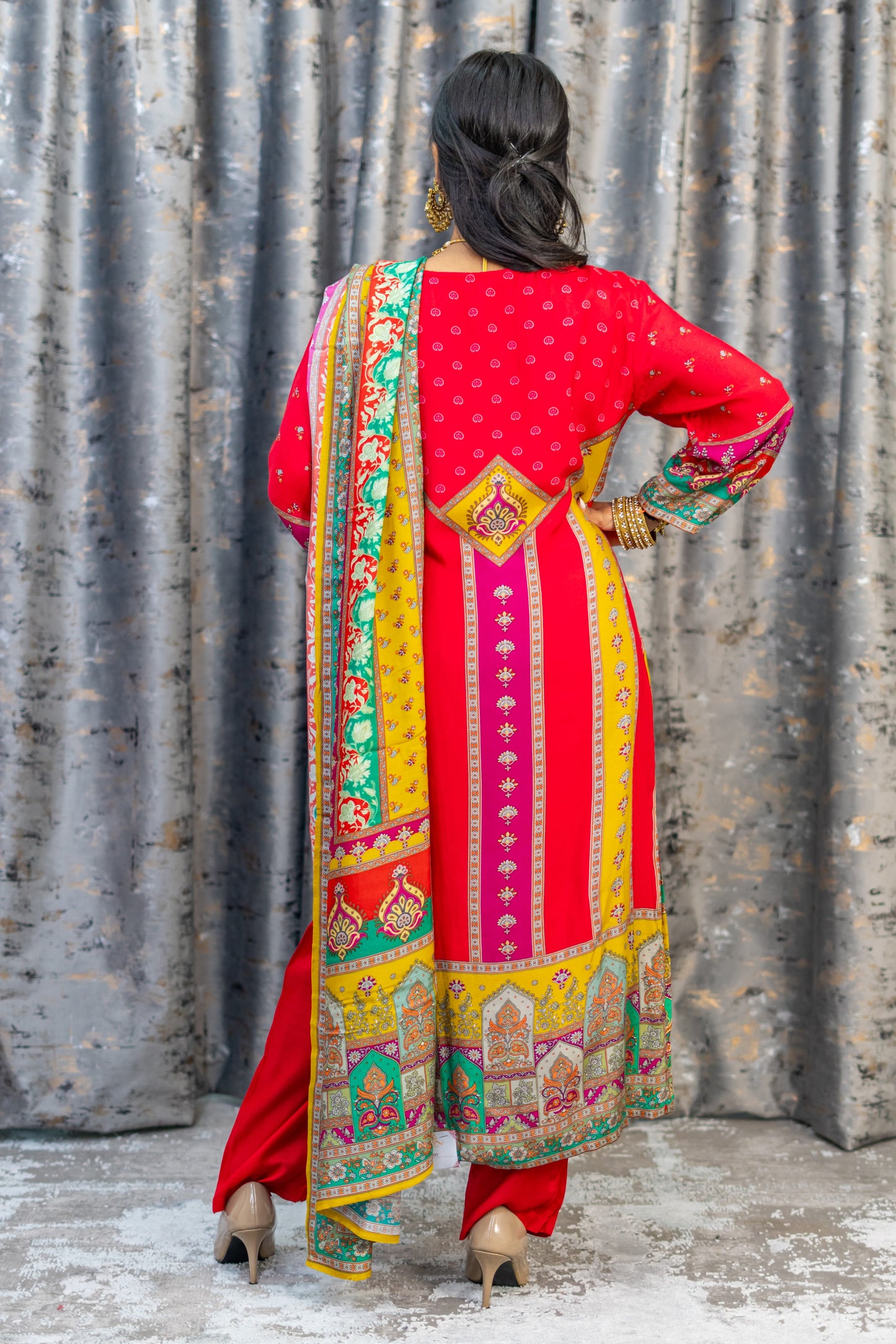 Red Colourful Chinon Silk Printed Punjabi Set