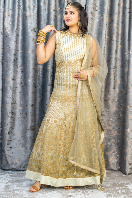 Cream Net Punjabi Set with Gold Embroidery