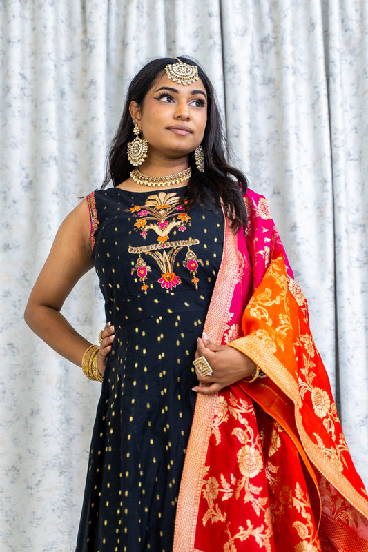 Black Soft Brocade Punjabi With Contrast Dupatta