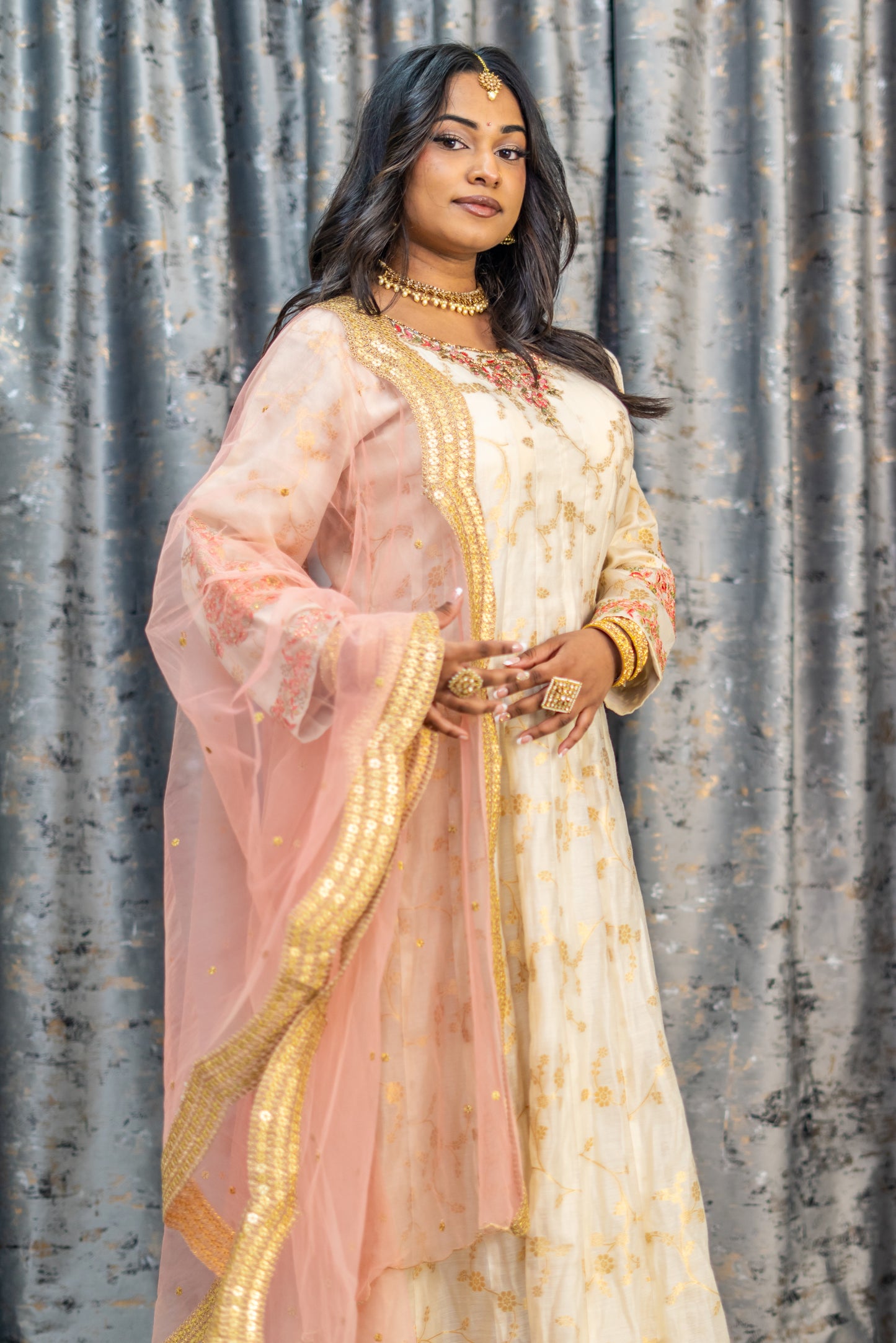 Cream Brocade Punjabi Set with Embroidery and Swarovski Work