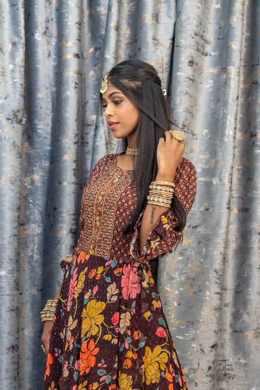 Brown Printer Crepe Kurti Top