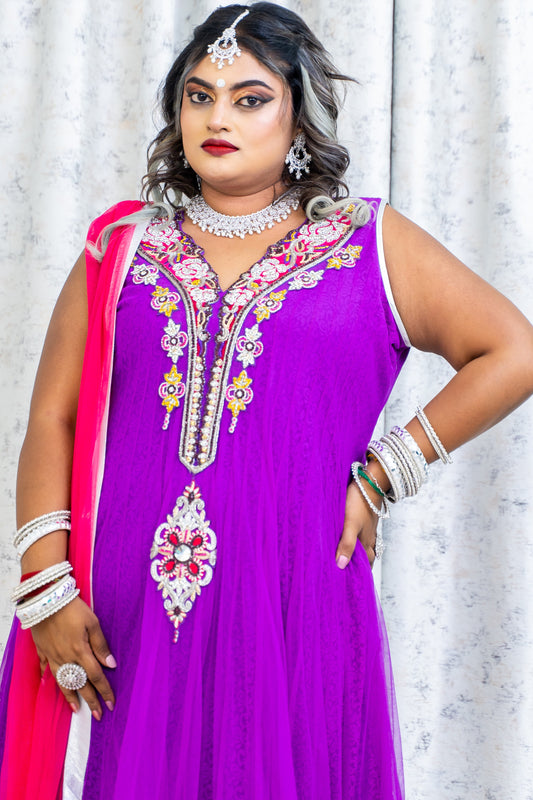 Purple Net Punjabi Set with Swarovski Stone Work
