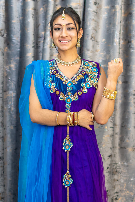 Purple Net Punjabi Set with Swarivski Stone Work
