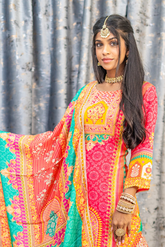 Coral Colourful Printed Chinon Silk Punjabi Set