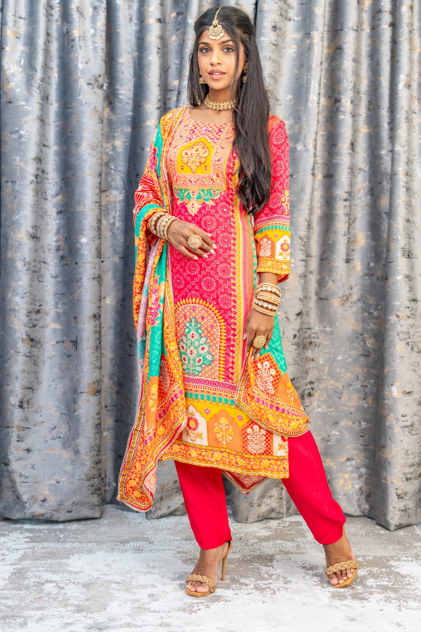 Coral Colourful Printed Chinon Silk Punjabi Set