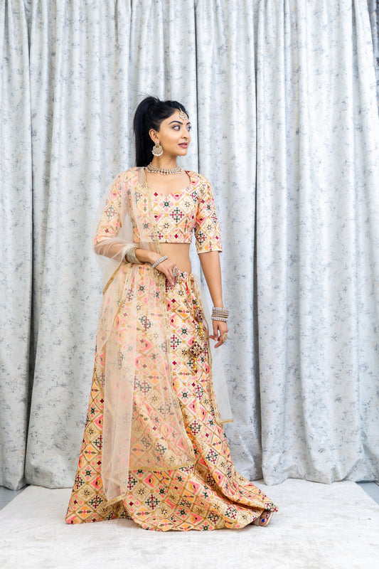 Peach Colorful Cotton Lehenga Choli with Embroidery Work