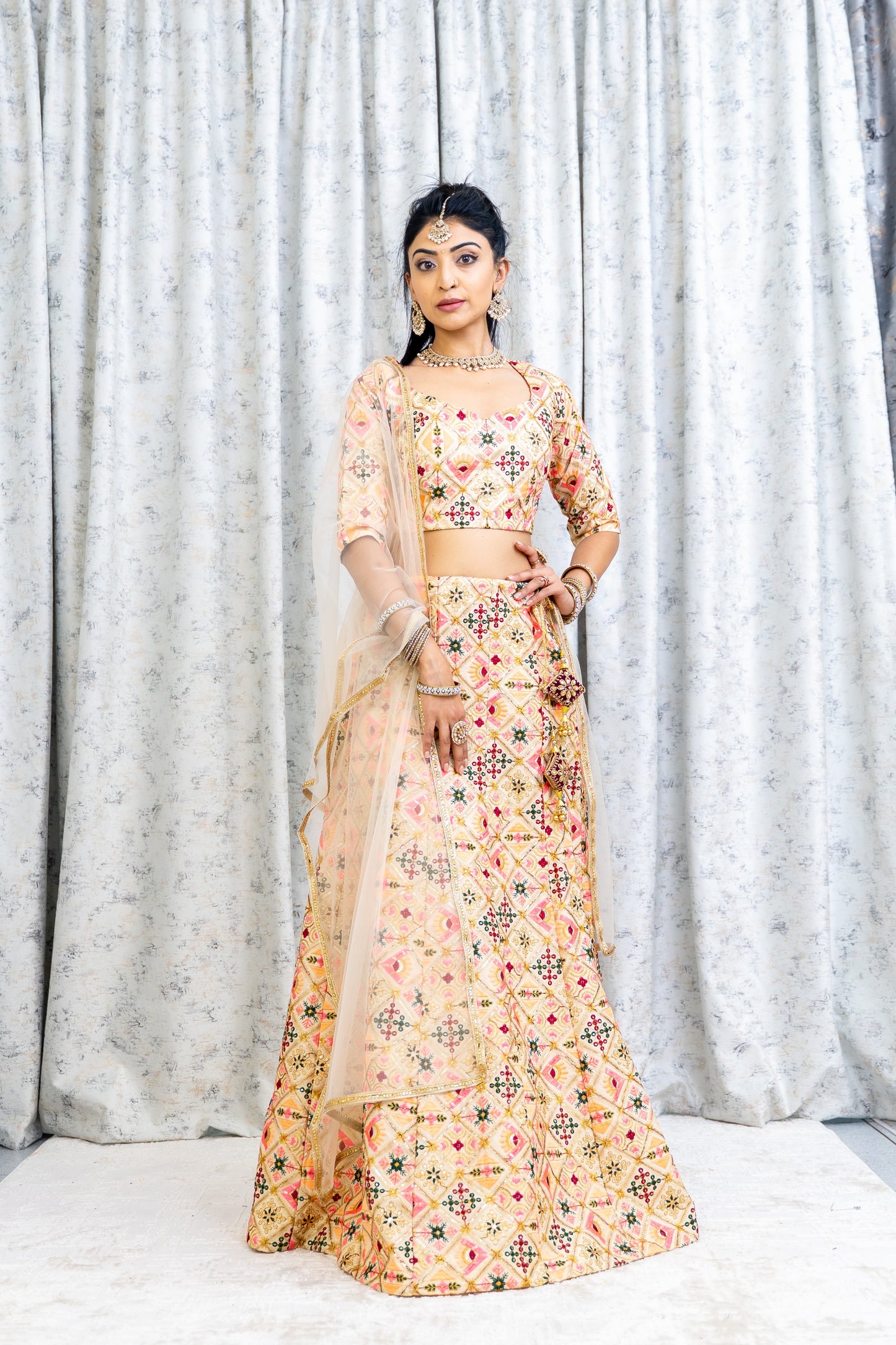 Peach Colorful Cotton Lehenga Choli with Embroidery Work