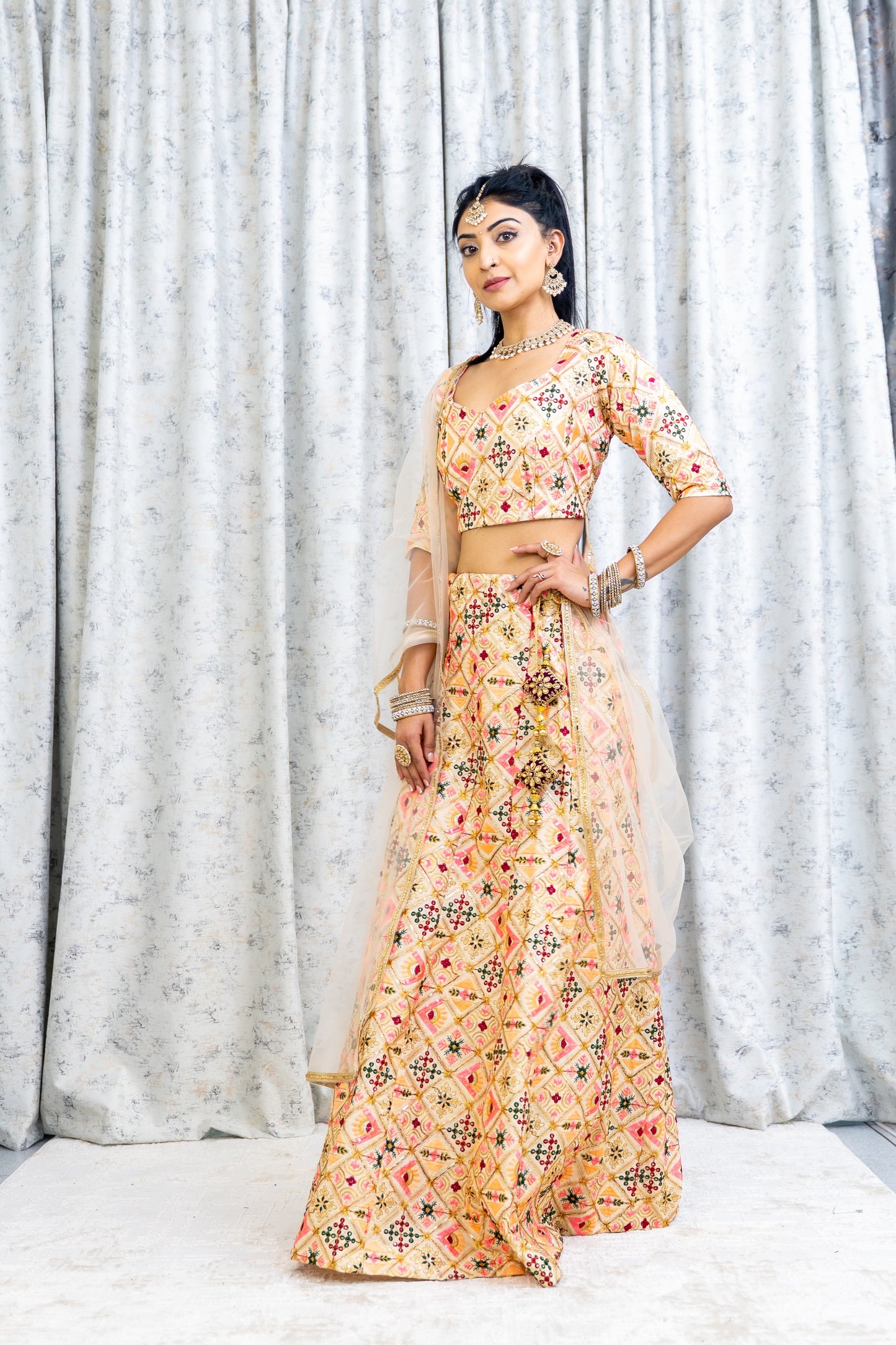 Peach Colorful Cotton Lehenga Choli with Embroidery Work