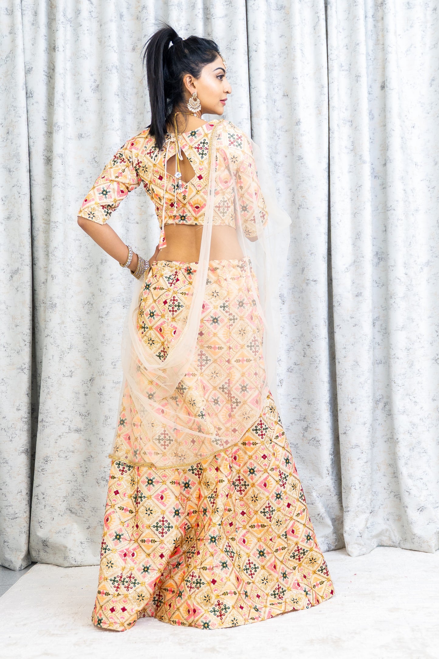 Peach Colorful Cotton Lehenga Choli with Embroidery Work