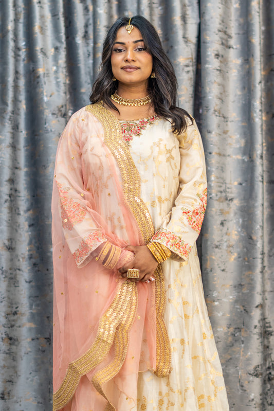 Cream Brocade Punjabi Set with Embroidery and Swarovski Work