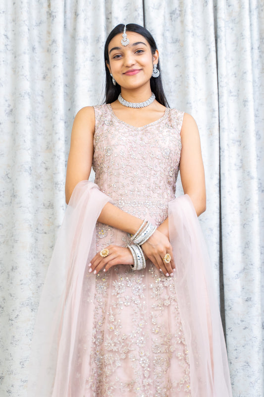 Pink Net Punjabi Set with Embroidery