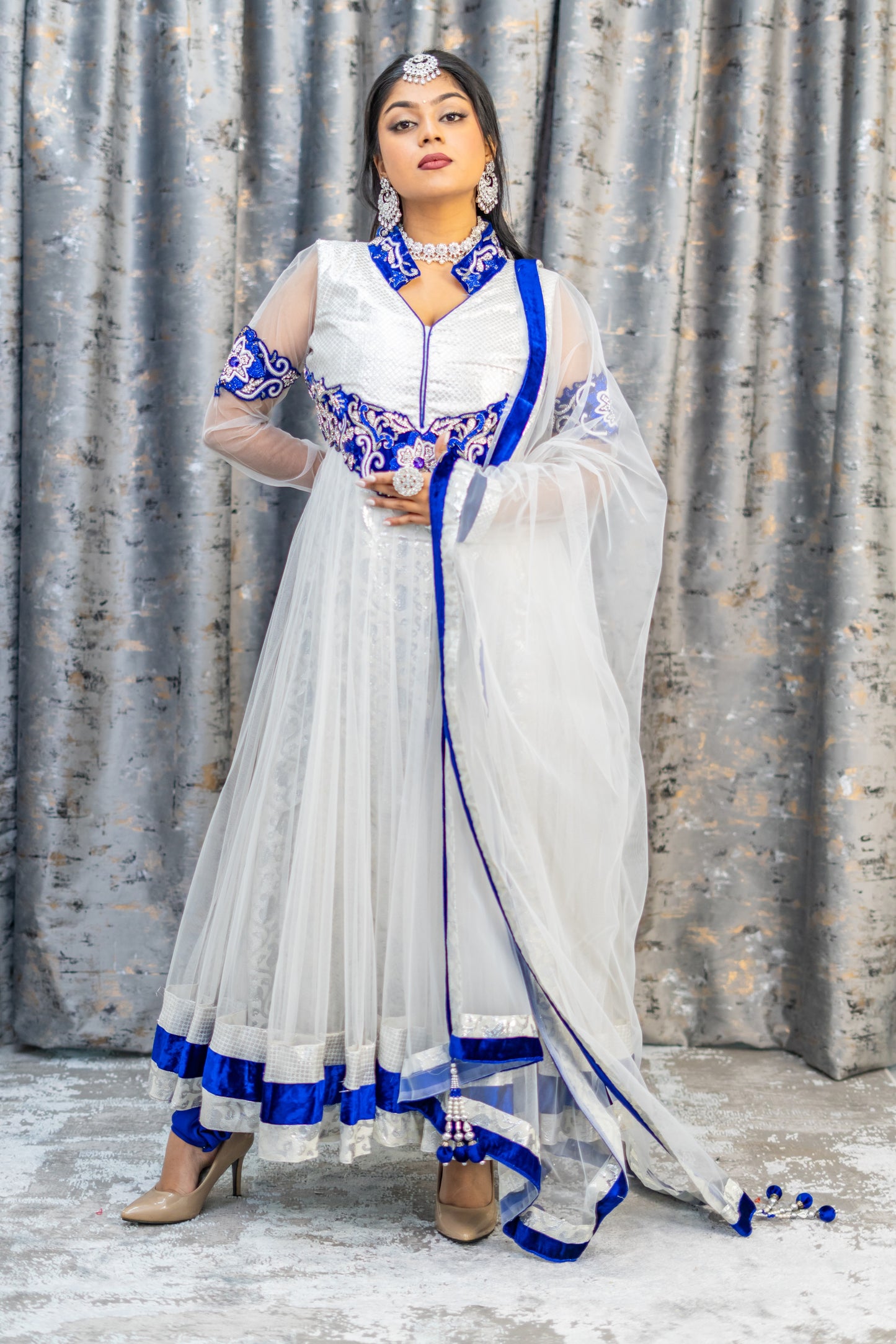 White Net Punjabi set with Blue Velvet