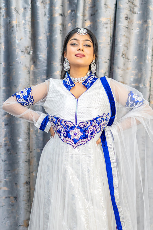 White Net Punjabi set with Blue Velvet