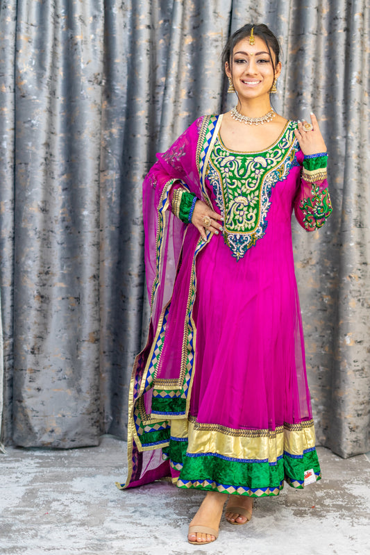 Rani Pink Punjabi Set with Green Velvet & Swarovski Stone Work