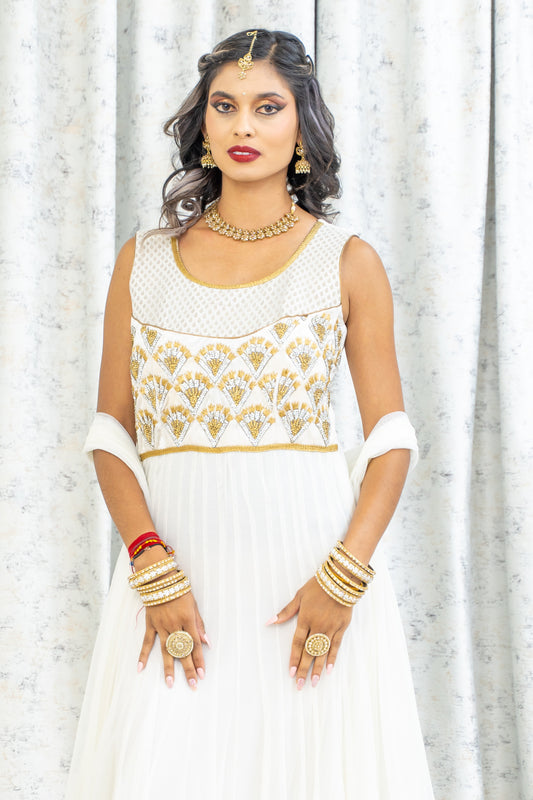 White Net Punjabi Set with Gold & Silver Swarovski Work