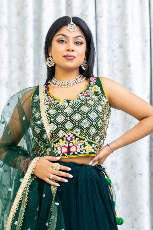 Emerald Green Chiffon Crimped Lehenga Choli with Embroidery and Swarovski Stone Work