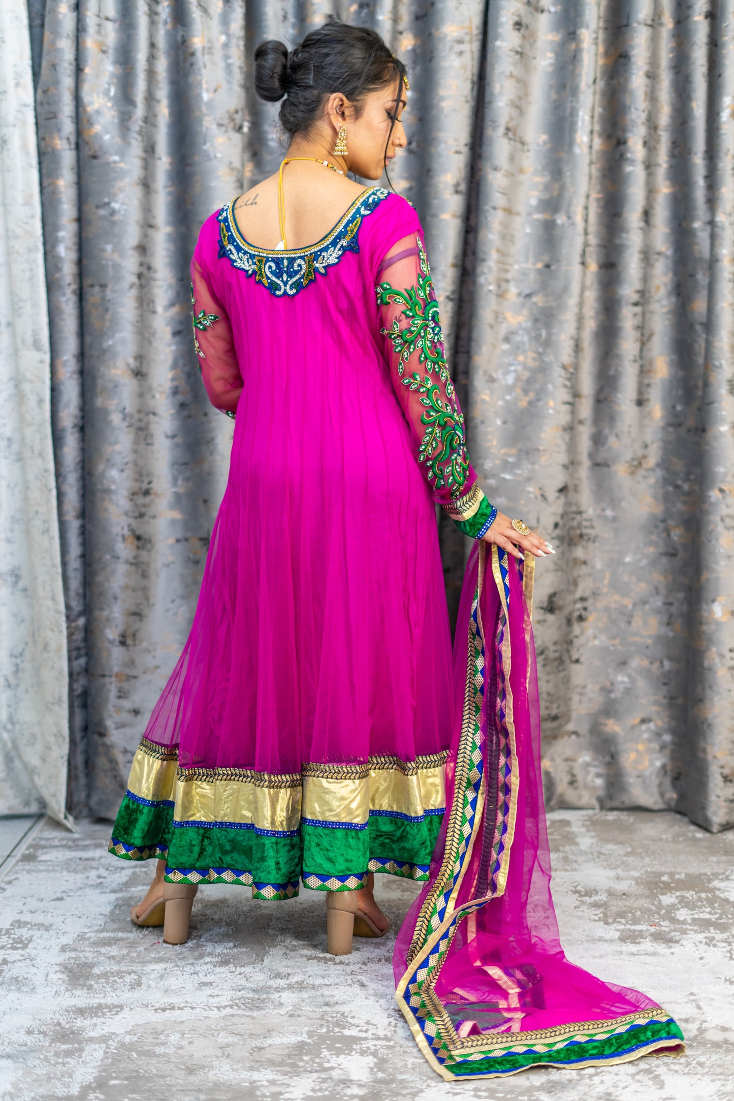 Rani Pink Punjabi Set with Green Velvet & Swarovski Stone Work