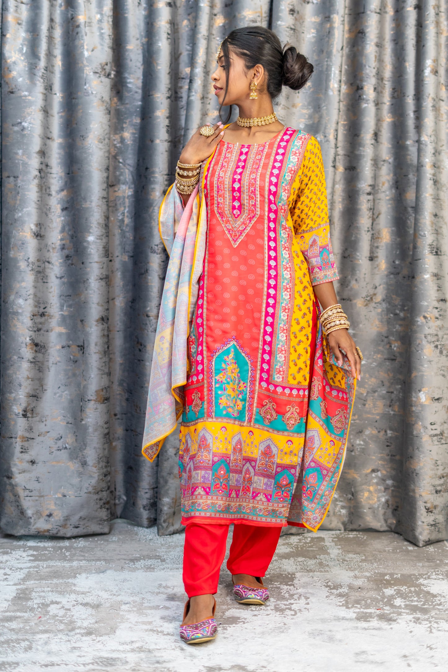Peach Colourful Chinon Silk Punjabi Set