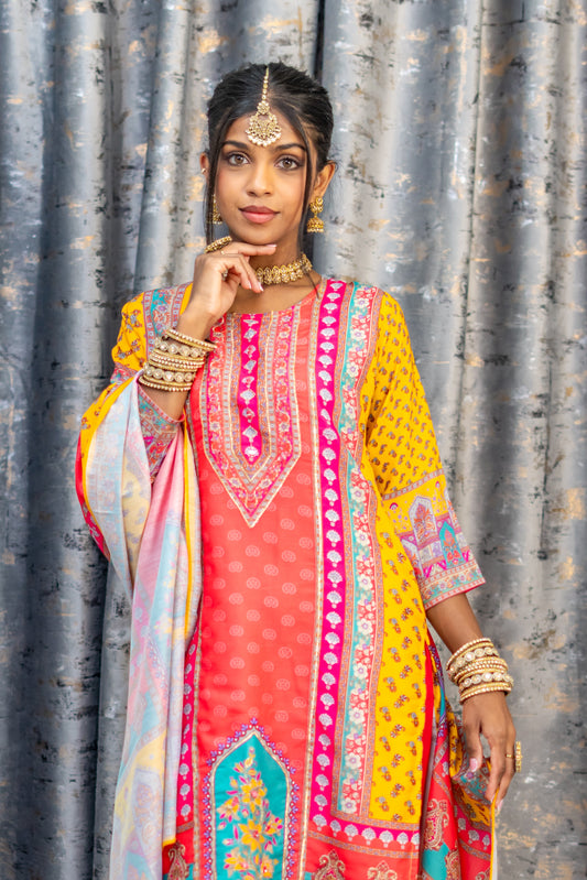 Peach Colourful Chinon Silk Punjabi Set