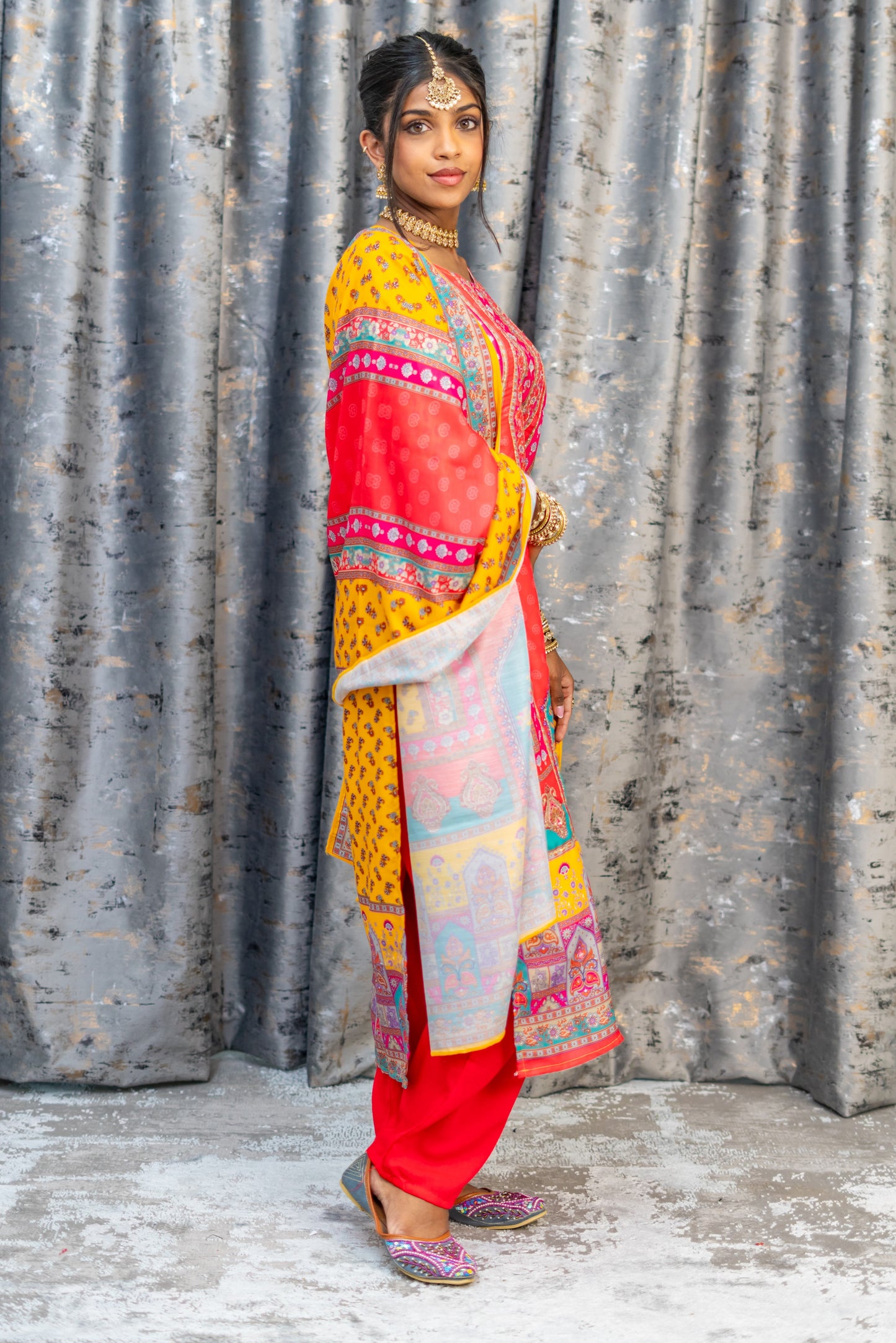 Peach Colourful Chinon Silk Punjabi Set