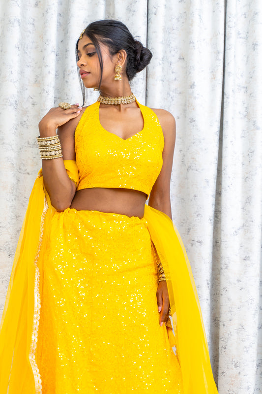 Yellow Cotton Lehenga Choli with Embroidery Work