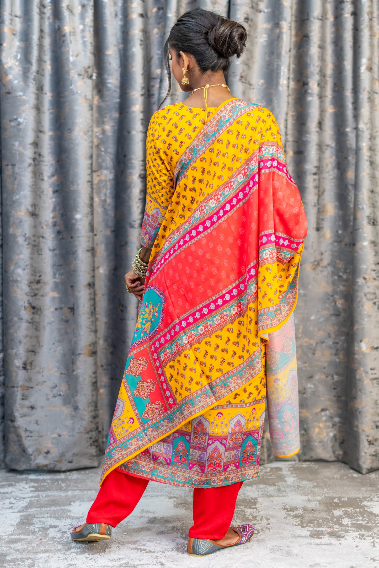 Peach Colourful Chinon Silk Punjabi Set
