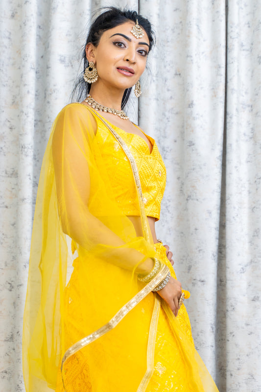 Yellow Cotton Lehenga Choli with Embroidery Work