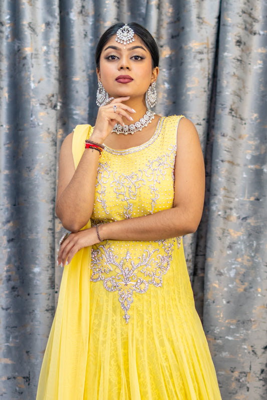 Yellow Punjabi Set with Silver Swarovski Stone Work