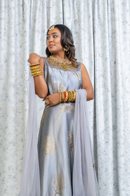 Grey Cotton Punjabi Set with Print