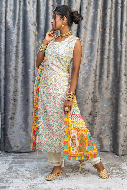 White Colourful Cotton Punjabi Set with Embroidery