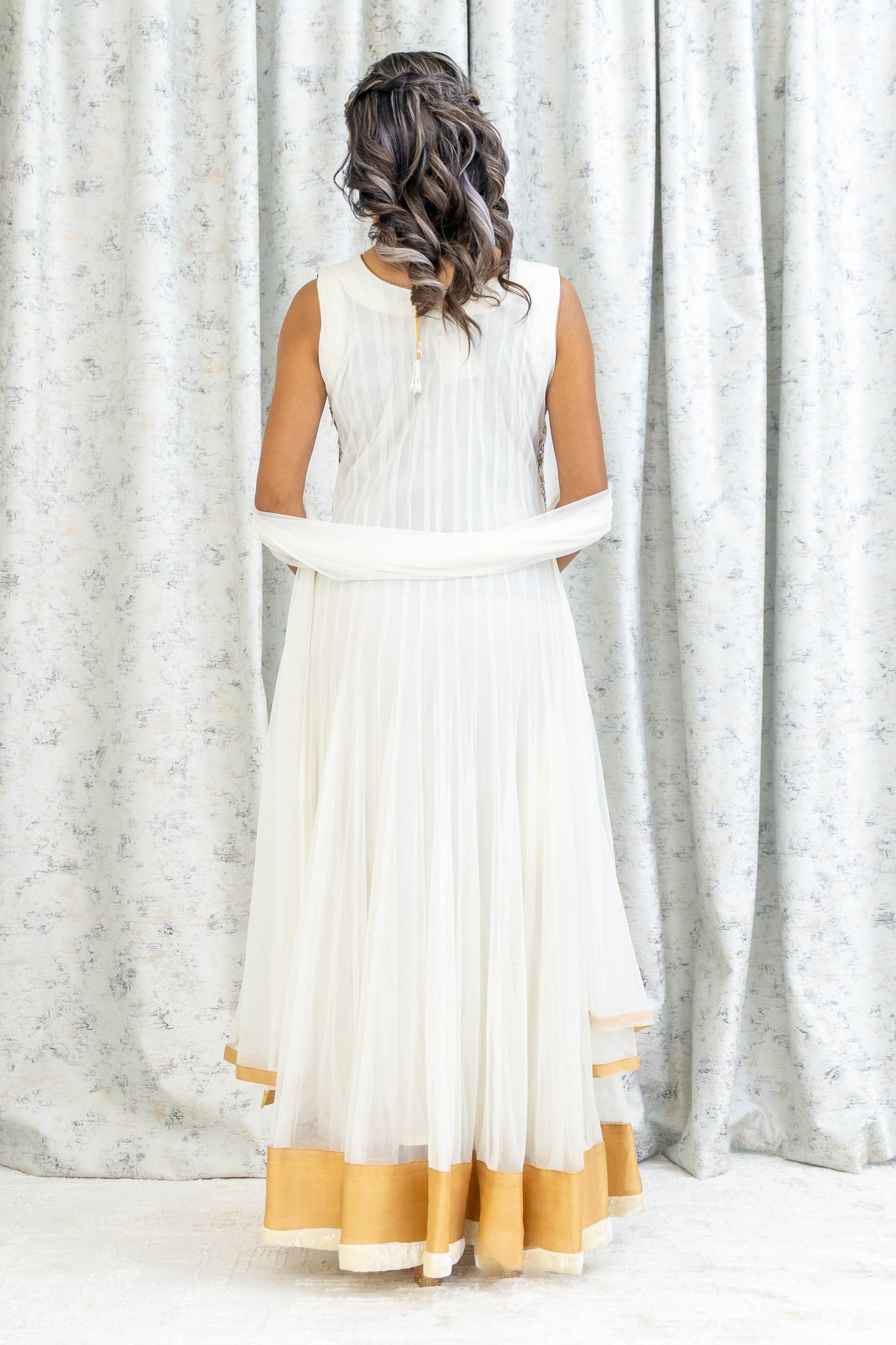 White Net Punjabi Set with Gold & Silver Swarovski Work