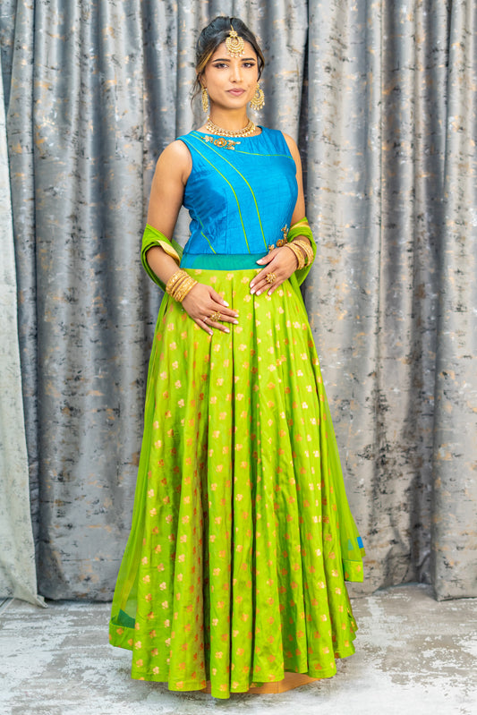 Blue & Green Soft Brocade Punjabi Set