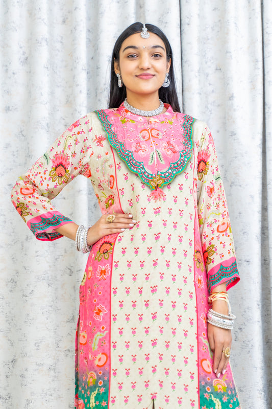 Colourful Printed Chinon Silk Punjabi Set